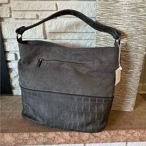 NWT Neiman Marcus Grey Suede and Snake Print Bag